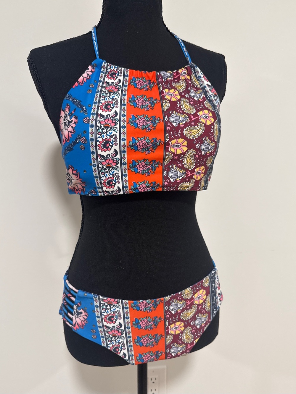 Free w purchase Boho Patchwork Halter Bikini Top Bottom Set Blue Red Burgundy S